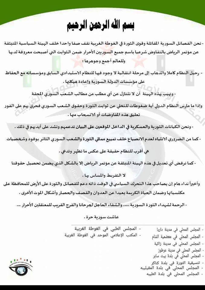 قوى ثورية ومدنية في الغوطة الغربية تطالب هيئة التفاوض بالتمسك بثوابت الثورة